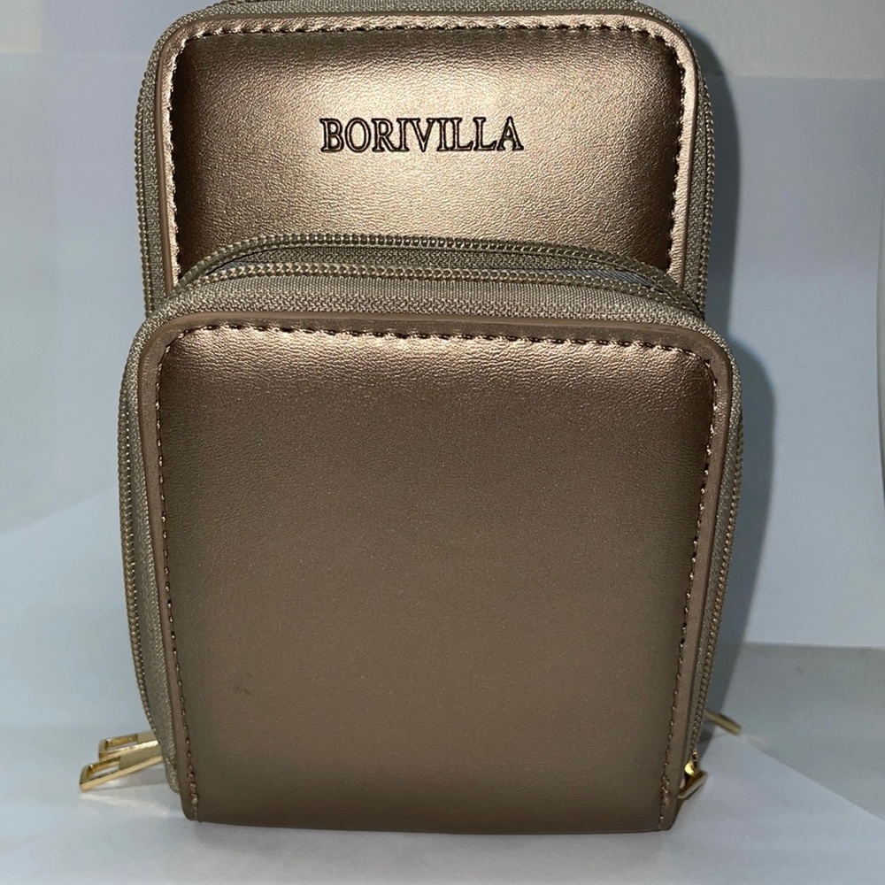 Borivilla gold detachable crossbody strap cellphone accordion small purse.